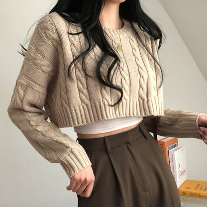 Dames Trui Kabelpatroon Cropped Ronde Hals Trendy