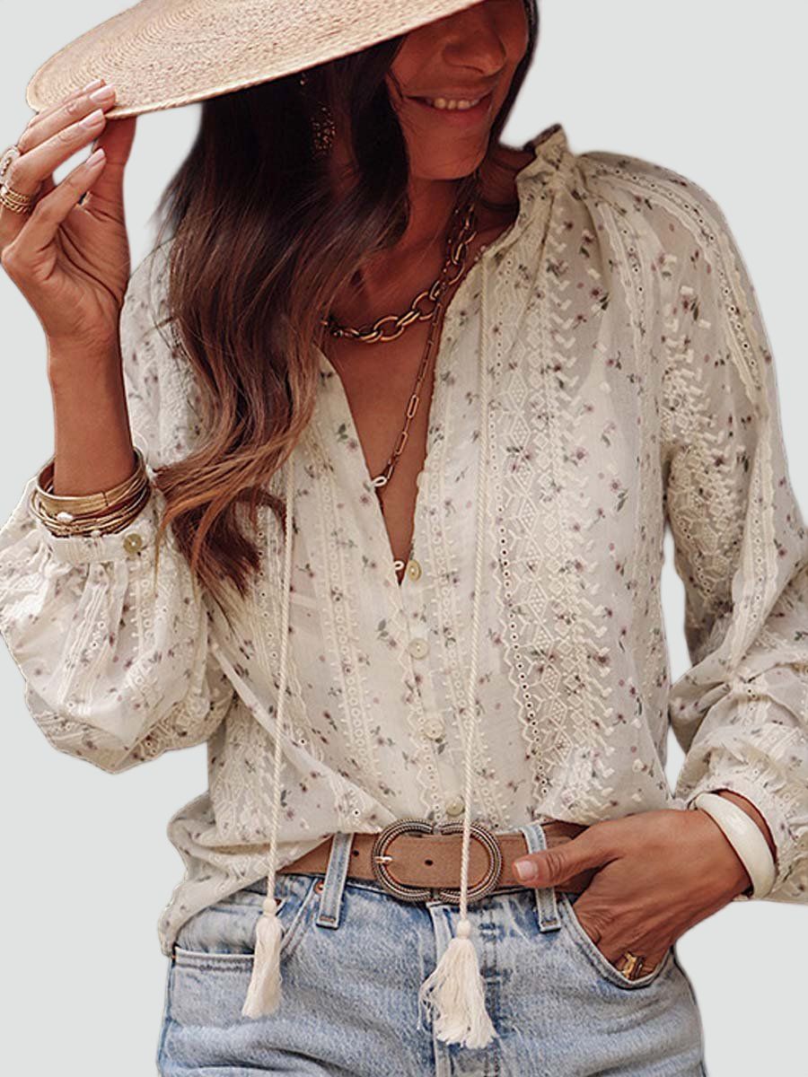 Vrouwelijke Blouse Met Geborduurde Kant en V-Hals - StudioMarella