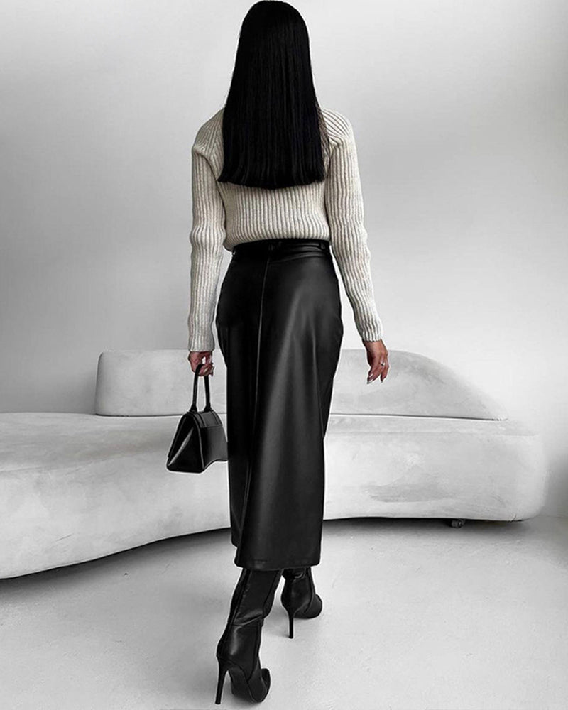 Hoge Taille Maxi Rok Zwart Vegan Leerlook