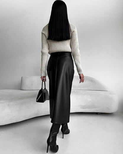 Hoge Taille Maxi Rok Zwart Vegan Leerlook