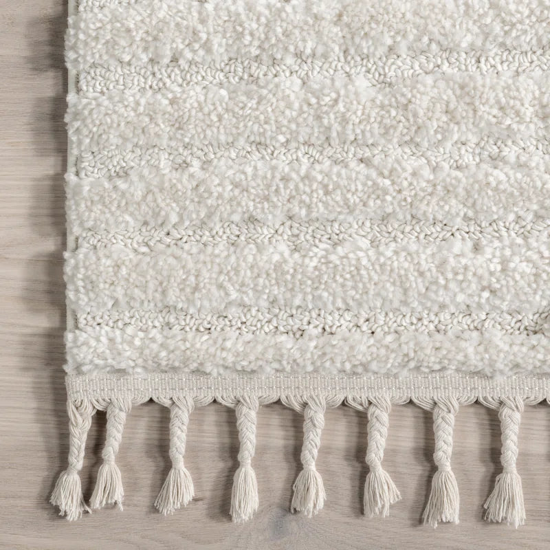 Japandi Vloerkleed Hoogpolig Geometrisch Franjes Creme Polypropeen Woonkamer Slaapkamer