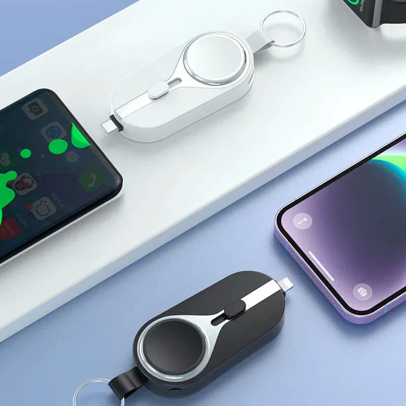 Draadloze oplaadclip powerbank karabijnhaak compact zwart telefoon smartwatch oplader sleutelhanger draagbare lader