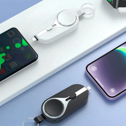 Draadloze oplaadclip powerbank karabijnhaak compact zwart telefoon smartwatch oplader sleutelhanger draagbare lader