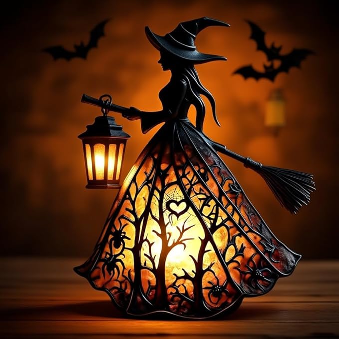 Halloween Decoratieve Lantaarn 30cm Gotisch LED Lamp Zwart Oranje Heksenlamp voor Feest Veranda Tafel Decoratie Mystieke Sfeer