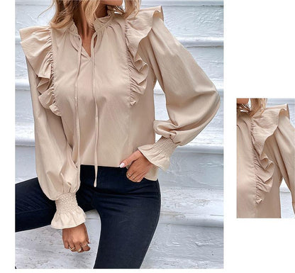 Dames Blouse Beige Ruches Romantische Stijl