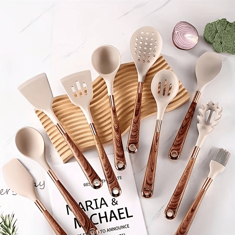 Keukenset Siliconen 10 Delig Hittebestendig Anti-aanbak Kookgerei Set Houten Handvat Keuken Tools Set