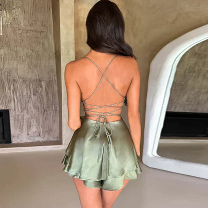Korte Satijnen Jurk met Dunne Bandjes