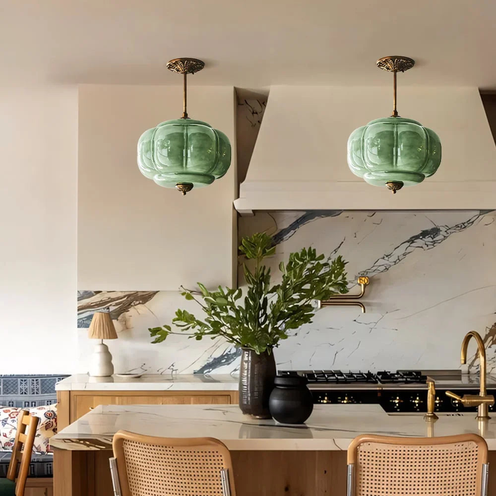 Antique Brass Plafondlamp met Groen Glas Pompoendesign - Elegante Hanglamp voor Eetkamer Keukeneiland Slaapkamer