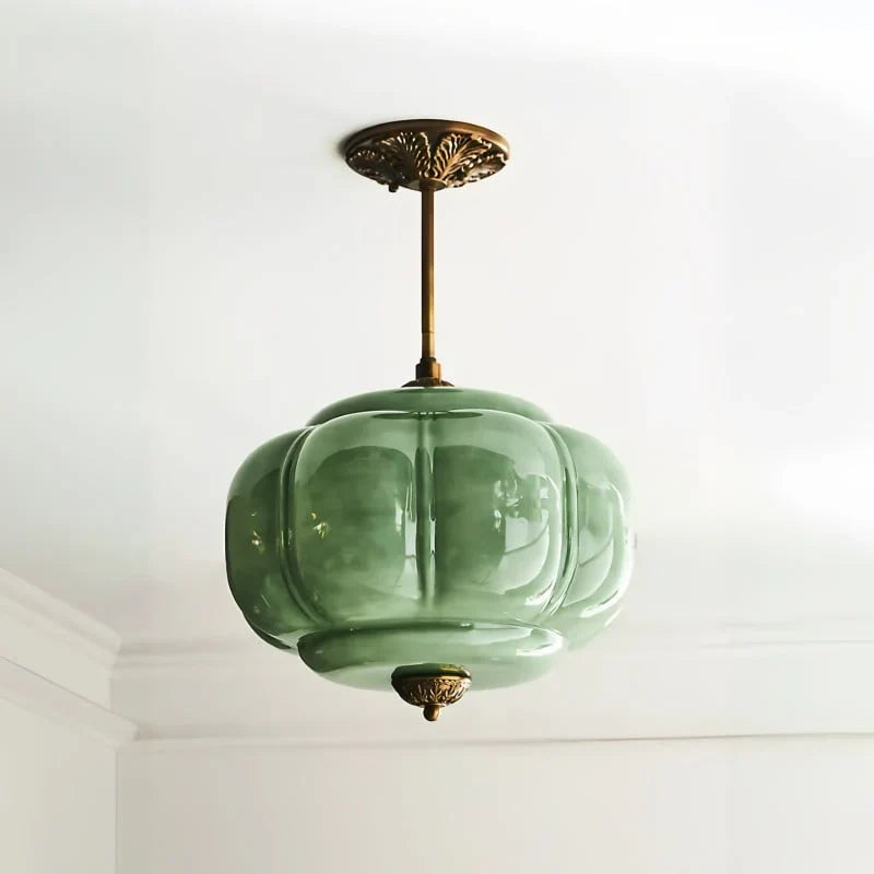 Antique Brass Plafondlamp met Groen Glas Pompoendesign - Elegante Hanglamp voor Eetkamer Keukeneiland Slaapkamer