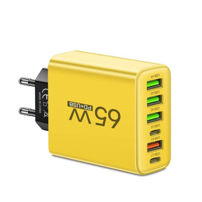 Universele USB Oplader 65W 6 Poorten Zwart Wit Geel Multidevice voor Kantoor Thuis Reis