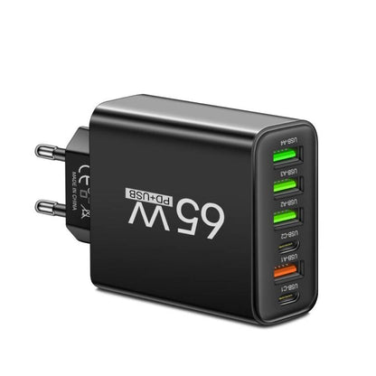 Universele USB Oplader 65W 6 Poorten Zwart Wit Geel Multidevice voor Kantoor Thuis Reis