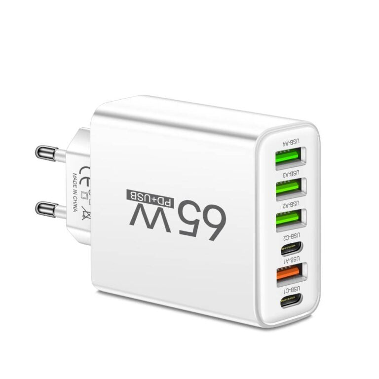 Universele USB Oplader 65W 6 Poorten Zwart Wit Geel Multidevice voor Kantoor Thuis Reis
