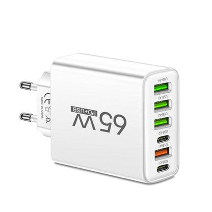 Universele USB Oplader 65W 6 Poorten Zwart Wit Geel Multidevice voor Kantoor Thuis Reis