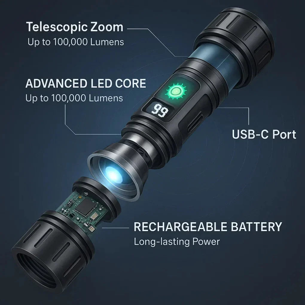 Oplaadbare LED Zaklamp 100000 Lumen Aluminium IPX6 Waterdicht voor Outdoor Camping Wandelen Noodsituaties