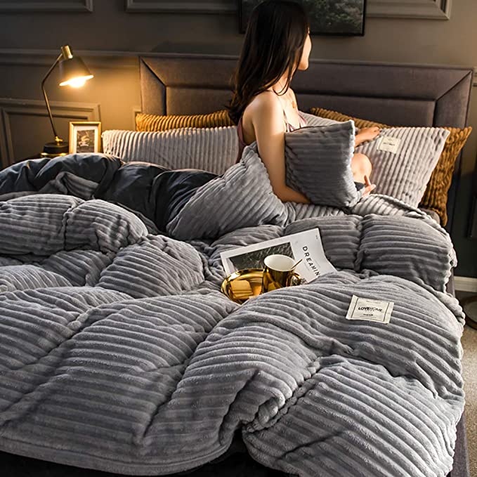 Fleece Dekbedovertrek Hoogwaardig Fleece Groen Ribpatroon Bed Slaapkamer Winter Warm Dekbedovertrekset Zacht Beddengoed