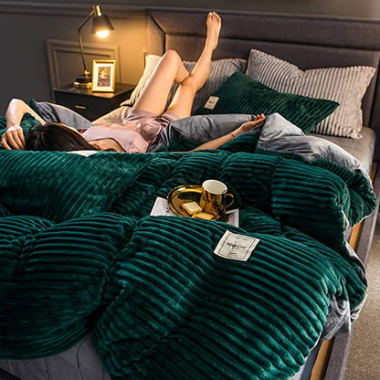 Fleece Dekbedovertrek Hoogwaardig Fleece Groen Ribpatroon Bed Slaapkamer Winter Warm Dekbedovertrekset Zacht Beddengoed