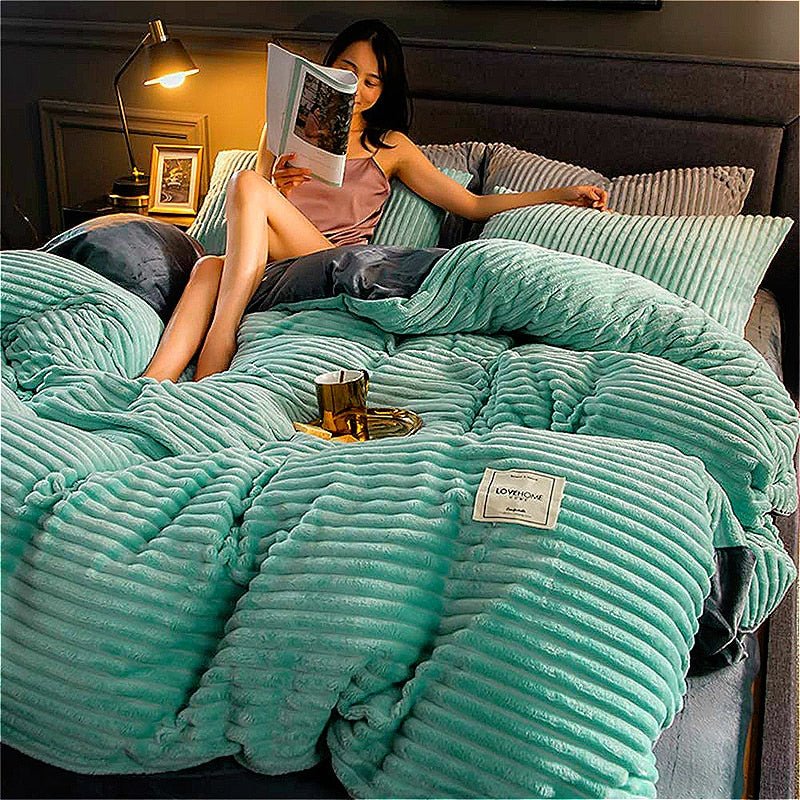 Fleece Dekbedovertrek Hoogwaardig Fleece Groen Ribpatroon Bed Slaapkamer Winter Warm Dekbedovertrekset Zacht Beddengoed