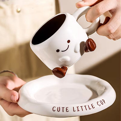 Koffiekopje met Schoteltje Keramiek Handgeschilderd Cartoon Gezichtje Wit Bruin 250ml
