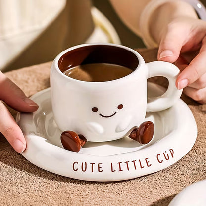 Koffiekopje met Schoteltje Keramiek Handgeschilderd Cartoon Gezichtje Wit Bruin 250ml