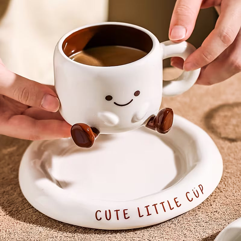 Koffiekopje met Schoteltje Keramiek Handgeschilderd Cartoon Gezichtje Wit Bruin 250ml