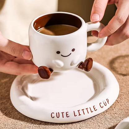 Koffiekopje met Schoteltje Keramiek Handgeschilderd Cartoon Gezichtje Wit Bruin 250ml
