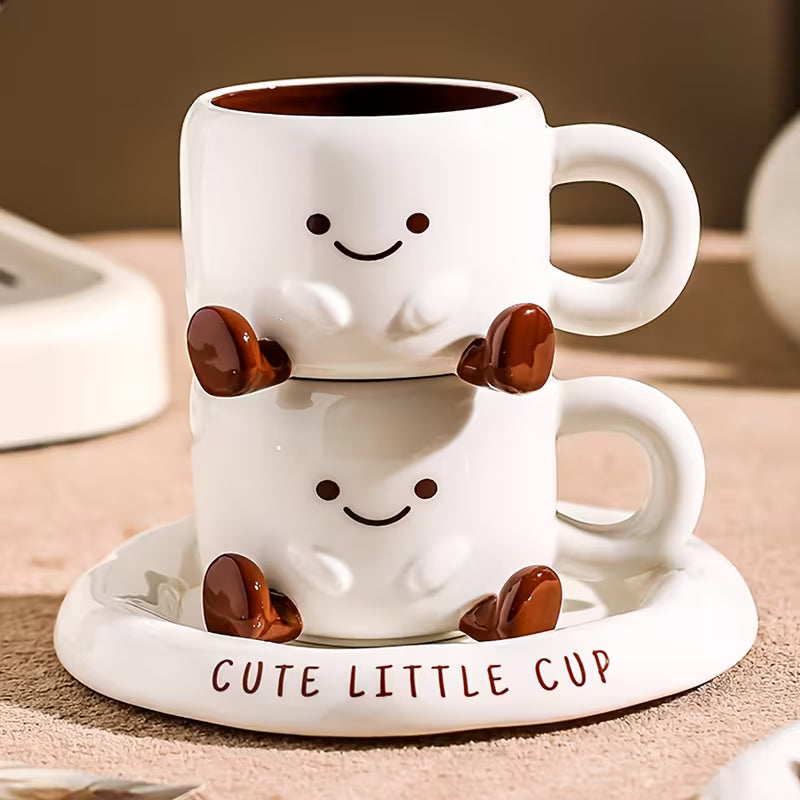 Koffiekopje met Schoteltje Keramiek Handgeschilderd Cartoon Gezichtje Wit Bruin 250ml