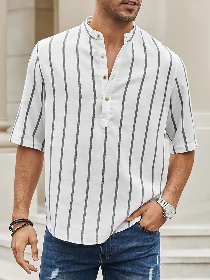Mannen Zomerhemd Korte Mouwen Strepen Henley Stijl