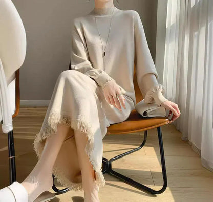 Gebreide Jurk met Franjes Vrouwelijk en Elegante Stijl