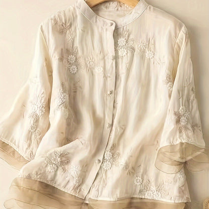 Bloemen Blouse met Geborduurde Knopen Vrouwelijke Stijl