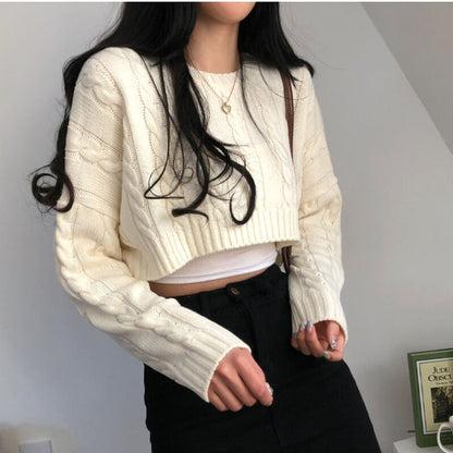 Dames Trui Kabelpatroon Cropped Ronde Hals Trendy