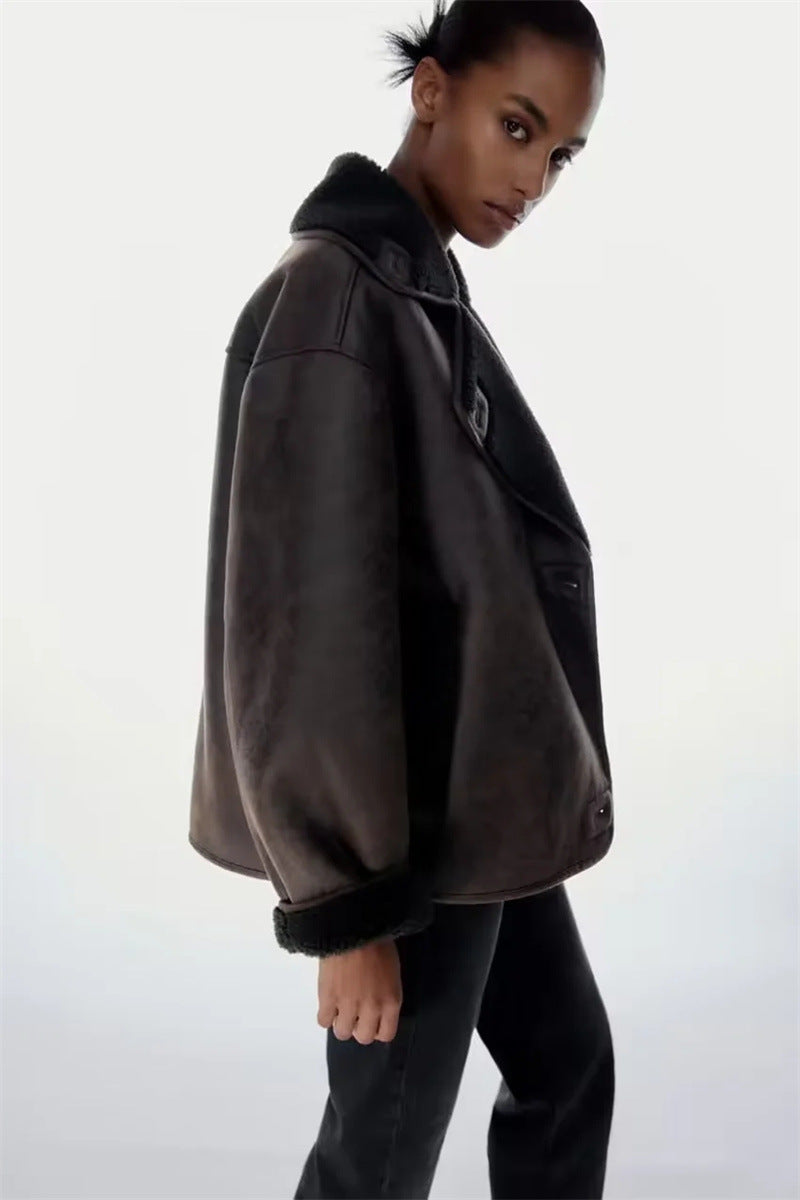 Dames Leren Pilotenjas Oversized Teddy Voering Met Zakken