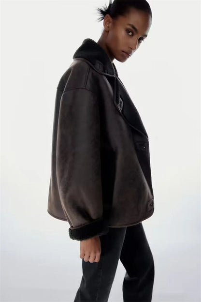 Dames Leren Pilotenjas Oversized Teddy Voering Met Zakken