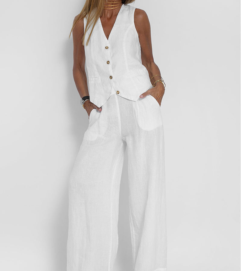 Linnen Set Dame Mouwloos V-Hals Gilet en Wijde Broek