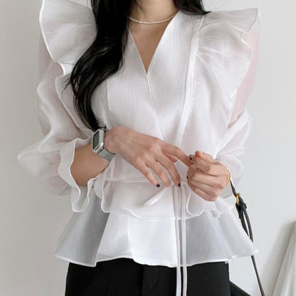Dames Blouse Rood met Strikceintuur en Overslag