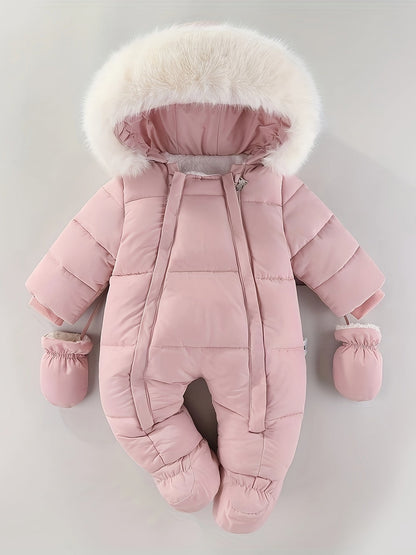 Frosty Baby Romper Gewatteerd Polyester Katoen Capuchon Winter Baby Jumpsuit Faux Bont Handwarmers Buiten