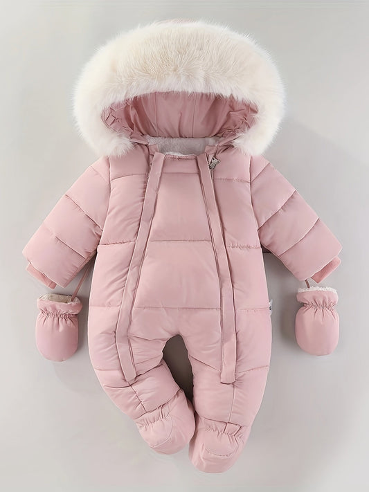 Frosty Baby Romper Gewatteerd Polyester Katoen Capuchon Winter Baby Jumpsuit Faux Bont Handwarmers Buiten