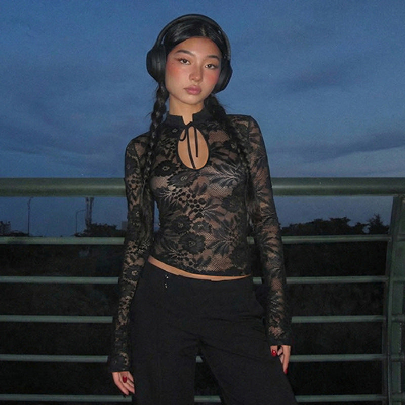 Dames Top met Lange Mouwen en Kanten Strik Detail