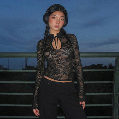 Dames Top met Lange Mouwen en Kanten Strik Detail