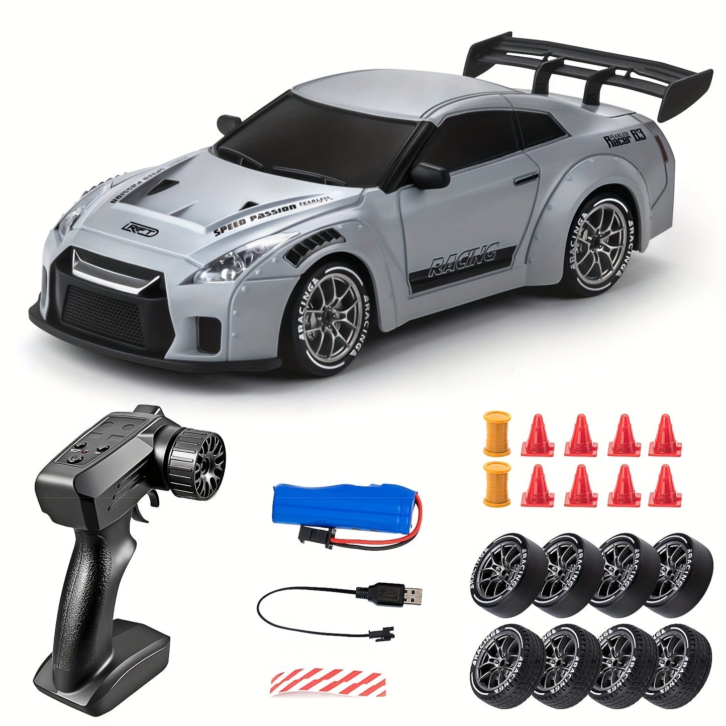 RC drift auto 1:24 4WD grijs met verlichte wielen afstandsbediening extra banden driftauto speelgoed auto usb oplaadbaar
