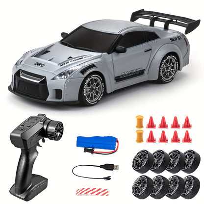 RC drift auto 1:24 4WD grijs met verlichte wielen afstandsbediening extra banden driftauto speelgoed auto usb oplaadbaar