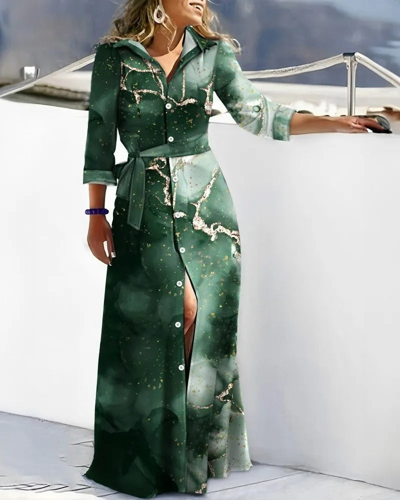 Groene Blousejurk Winddichte Bedrukte Riem