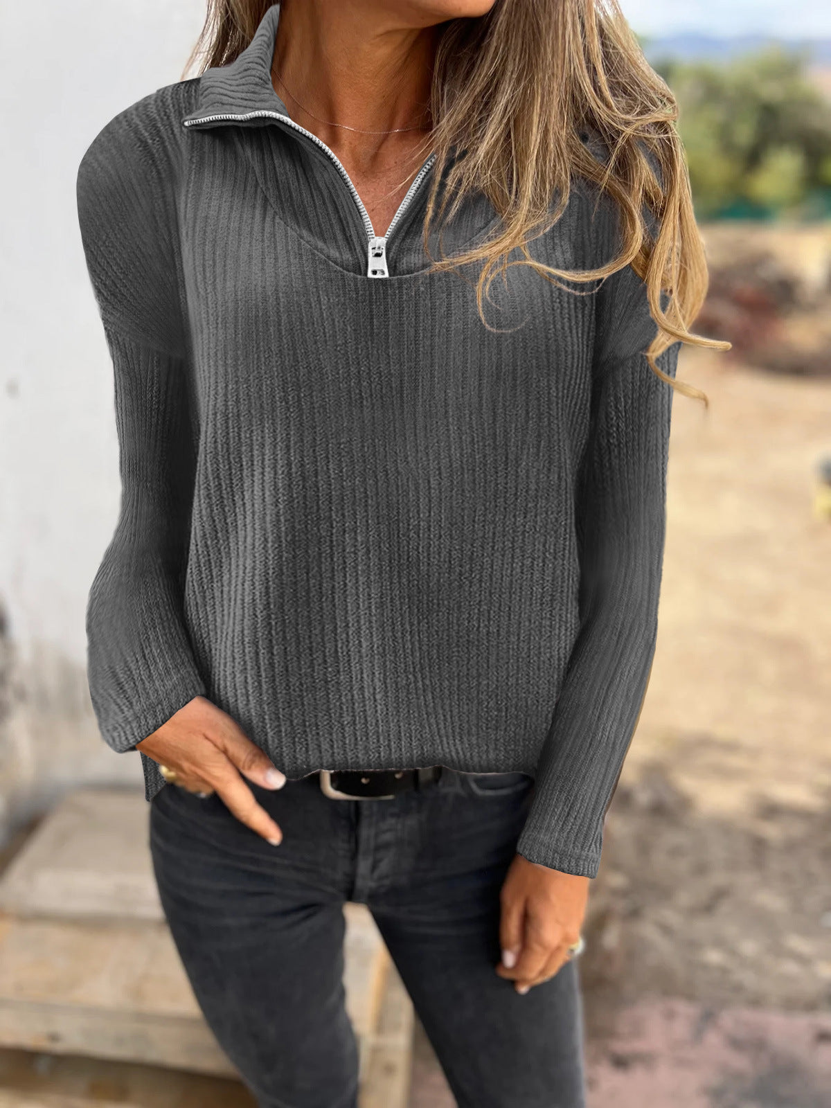 Dames Trui met Halve Rits en Ribbelstructuur Elegante Basislook → Dames Trui Halve Rits Ribbelstructuur Elegante Basislook