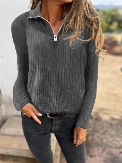Dames Trui met Halve Rits en Ribbelstructuur Elegante Basislook → Dames Trui Halve Rits Ribbelstructuur Elegante Basislook