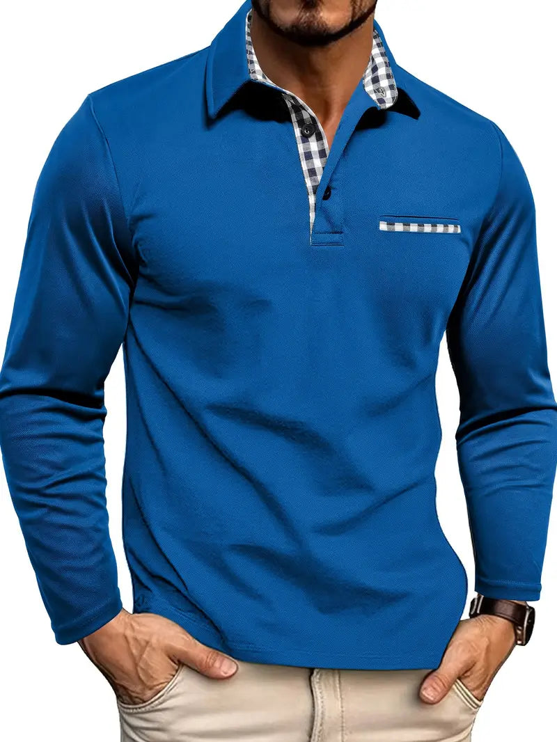 Heren Poloshirt Longsleeve Met Contrastkraag en Borstzak