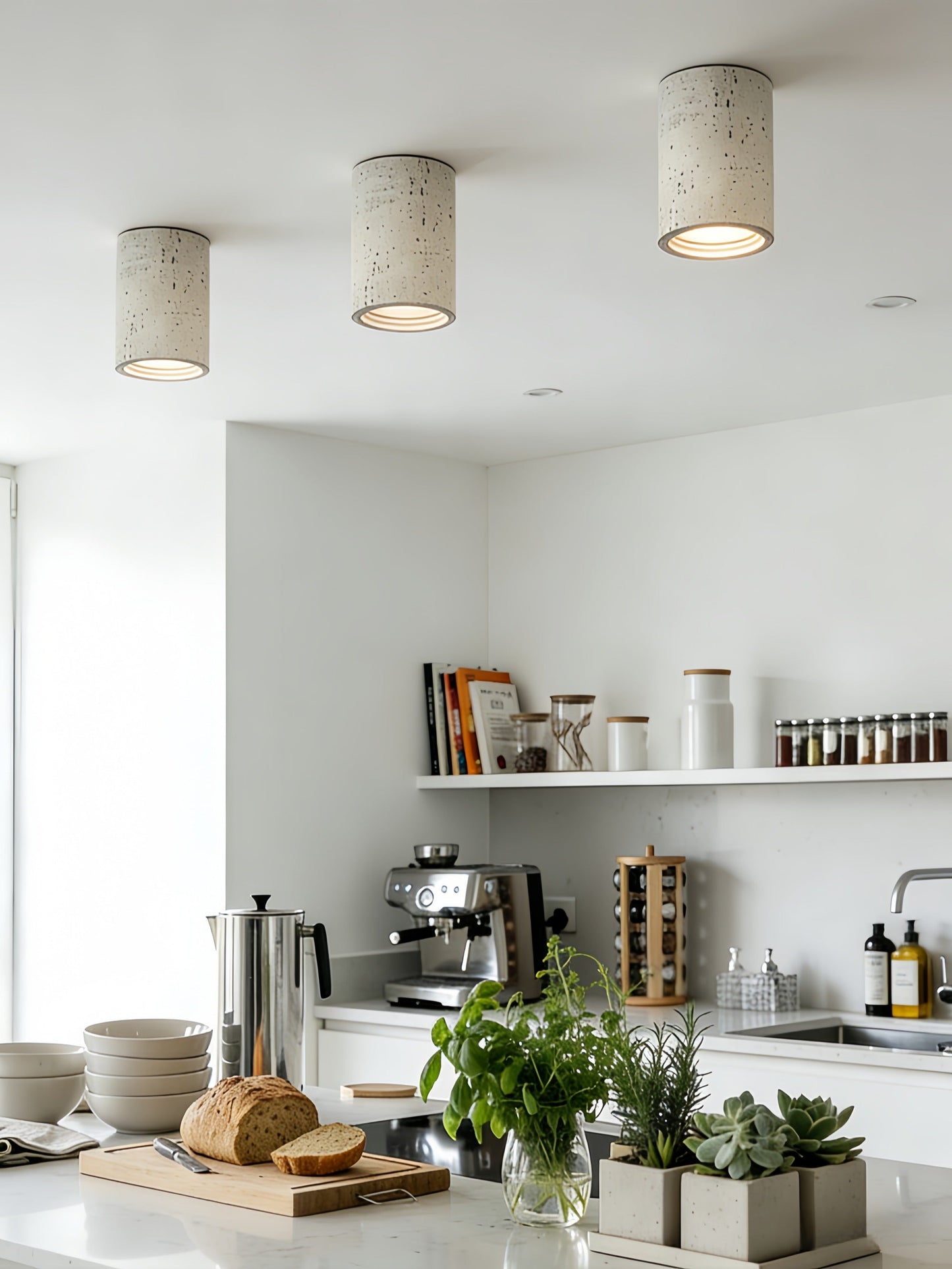 Cilindrische plafondlamp van travertijn – LED verlichting voor moderne interieurs