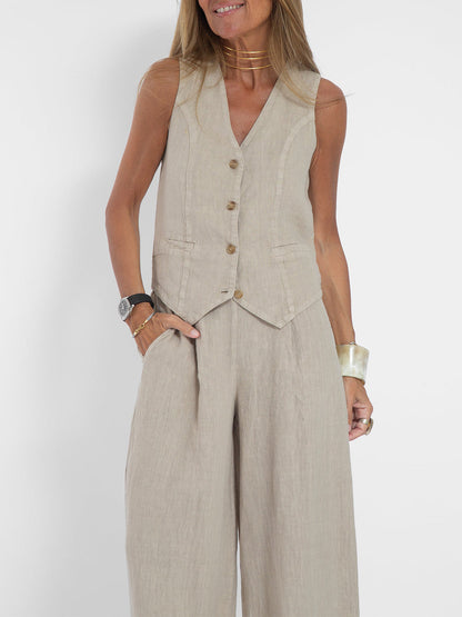 Linnen Set Dame Mouwloos V-Hals Gilet en Wijde Broek