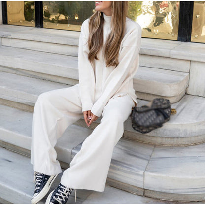 Dames Gebreide Lounge Set met Coltrui en Wijde Broek