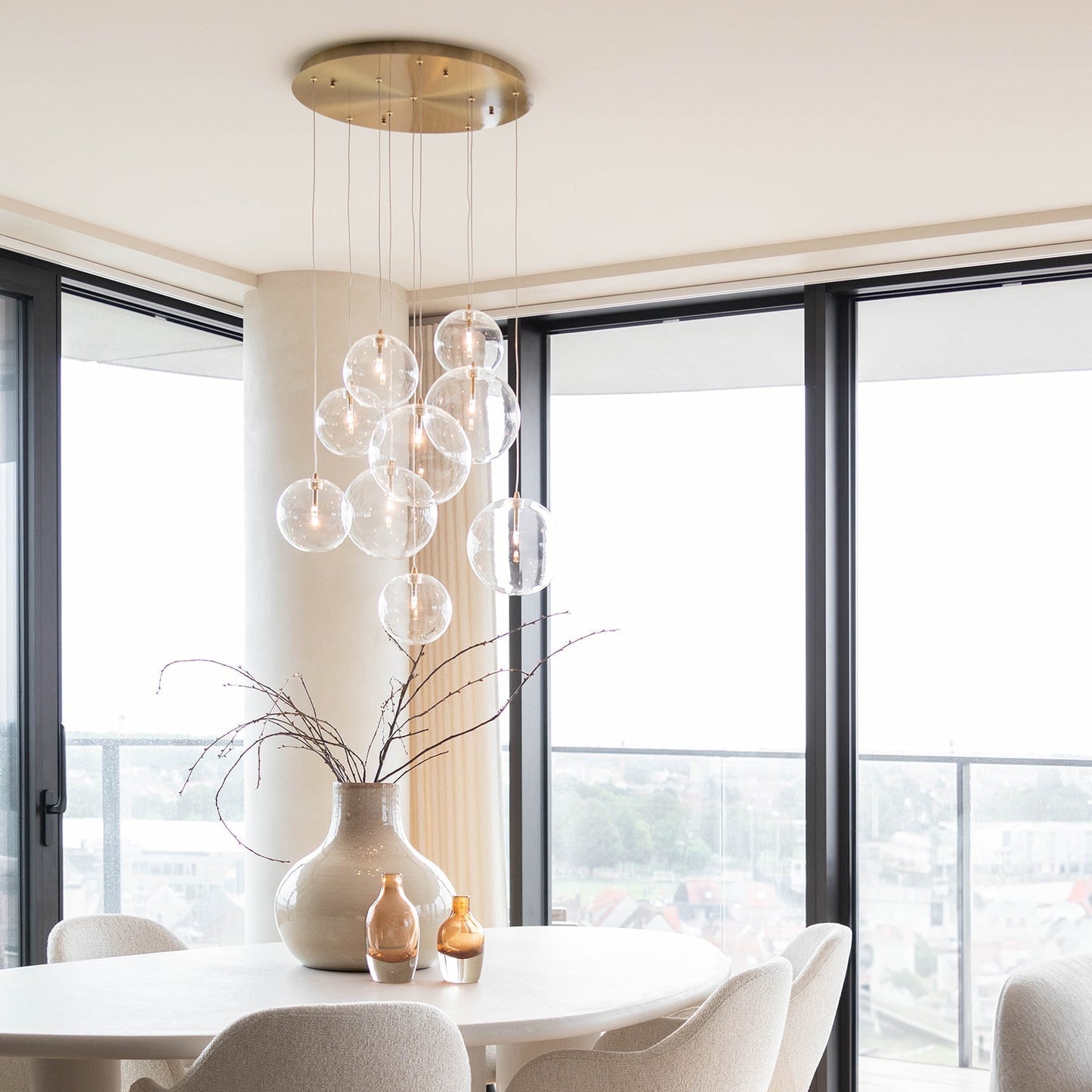 Cluster Hanglamp 9 Glazen Bollen Antiek Messing Verstelbaar 170cm Woonkamer