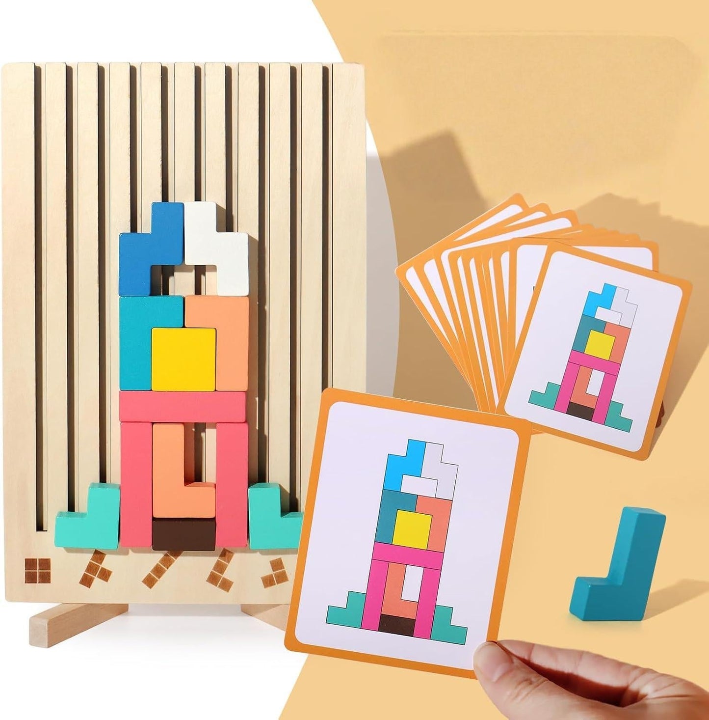 Houten 3D Puzzelspel voor Kinderen – Creatief Tetris Stapelspel met Geometrische Blokken – Ruimtelijk Inzicht & Handcoördinatie