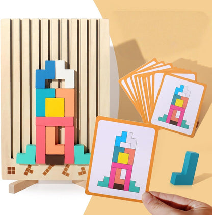 Houten 3D Puzzelspel voor Kinderen – Creatief Tetris Stapelspel met Geometrische Blokken – Ruimtelijk Inzicht & Handcoördinatie